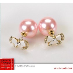 Boucles d'oreilles double, perle rose, noeud émail strass