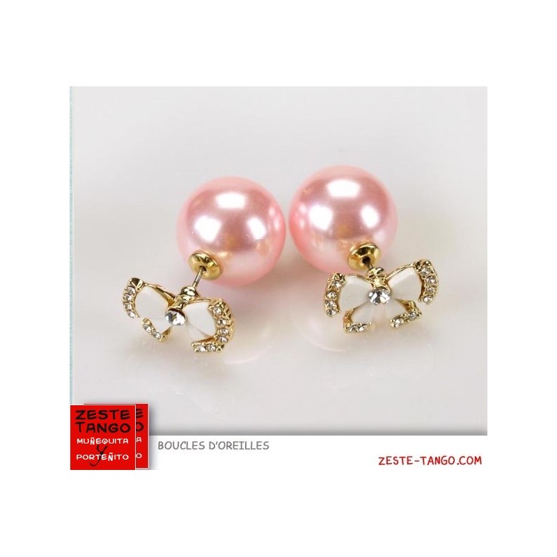 Boucles d'oreilles double, perle rose, noeud émail strass