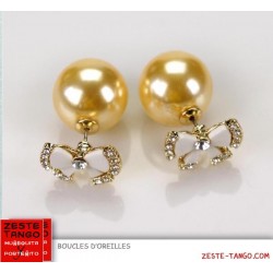 Boucles d'oreilles double, perle jaune, noeud émail strass