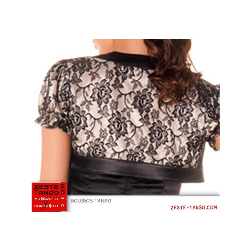 Boléro satin & dentelle. Manches courtes. Bicolore noir