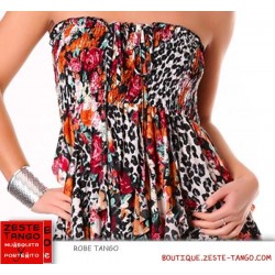 Détail imprimé léopard & fleurs de la robe bustier pour le tango