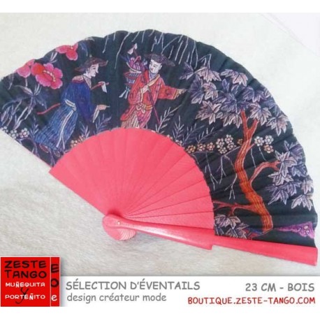 Eventail créateur mode: tissu Décor chinois, branches bois rose fuchia