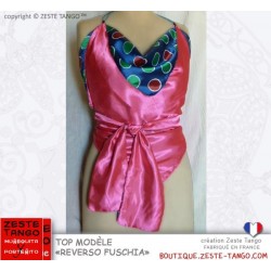 Top dos-nu. Reverso Fushia. Côté imprimé, noué derrière