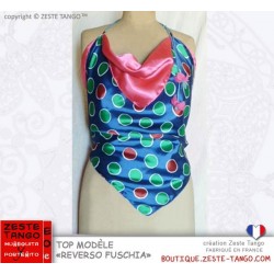 Top dos-nu. Reverso Fushia. Côté imprimé, noué derrière