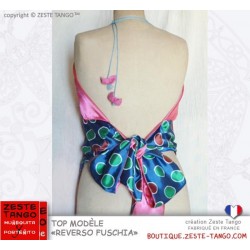 Top dos-nu. Reverso Fushia. Côté imprimé, noué derrière