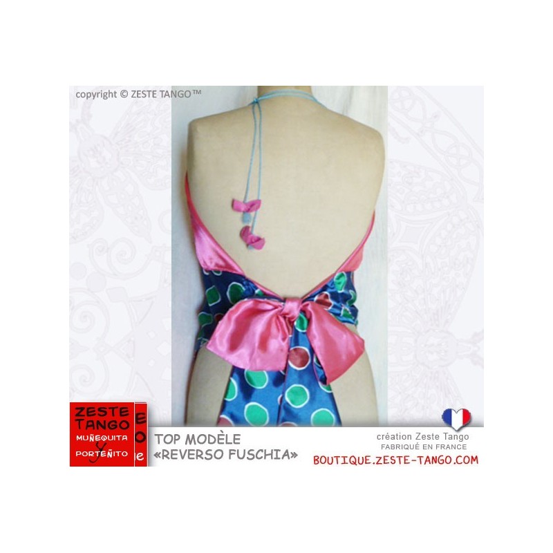 Top dos-nu. Reverso Fushia. Côté imprimé, noué derrière