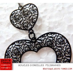 Boucle d'oreille Coeur double en filigrane laque noir