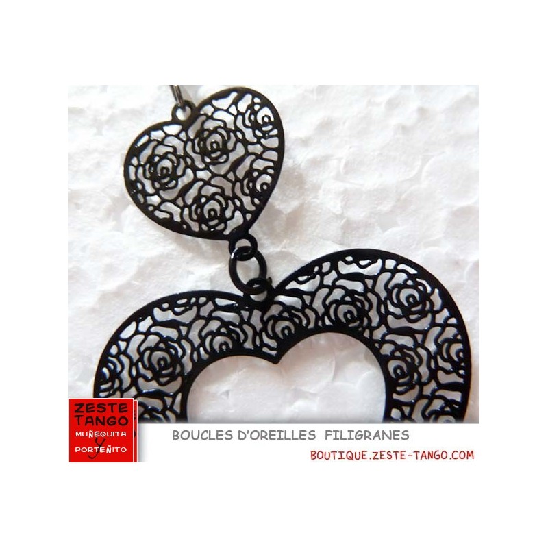 Boucle d'oreille Coeur double en filigrane laque noir
