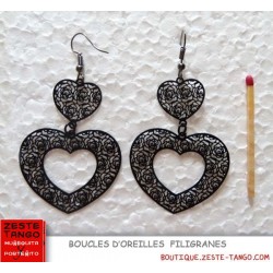 Boucle d'oreille Coeurs noirs en filigrane