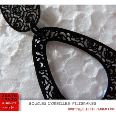 B.O filigrane Noire. Motif petites roses. Forme ovale